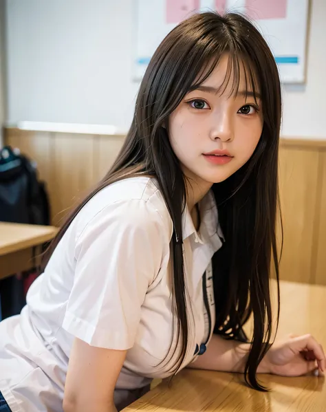 Highest quality, Soft Light, Ultra-high resolution, (Realistic:1.4), RAW Photos, whole body、1 Japan, alone, cute, (pupil, Light in your eyes), Beautiful face in every detail, (Long Hair), indoor, Schoolgirl Uniform、In a high school classroom