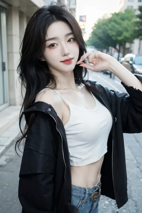 ((best quality, 8k, high res, masterpiece)), (photorealistic:1.4), 1girl, Korean girl, light smile, K-pop outifit, oversize jacket, waist up, random poses, (black hair), perfect body, perfect face, small breasts, in the street background