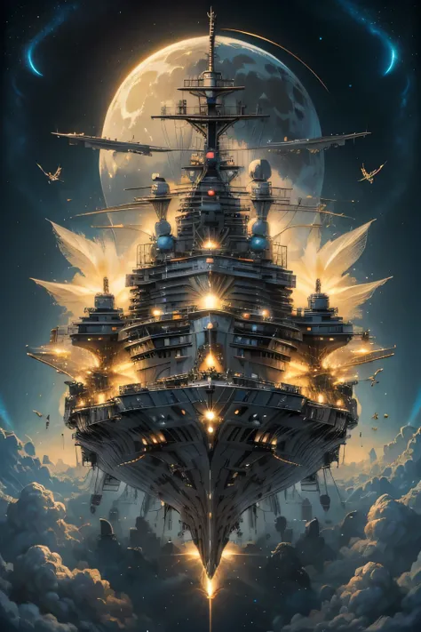 A light sky air battle ship surround by the magician circle with a diamond inside the orb, many shining butterfly, sparkle sky, shining, gust of wind, light bright flowers, sun and moon, dark light of fantastic and cosmological with universal. Amazing view...