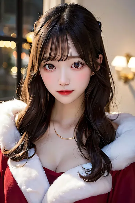 fluffy and soft、Gorgeous fluffy Santa Claus dress、Beautiful and sophisticated eyes、Beautiful and exquisite lips、Very sophisticatedな顔と体、Intricate details、Christmas、holiday、warm、comfortable、cute、Adorable、Whimsical、Fantasy、Very sophisticated、8k、Photorealistic...