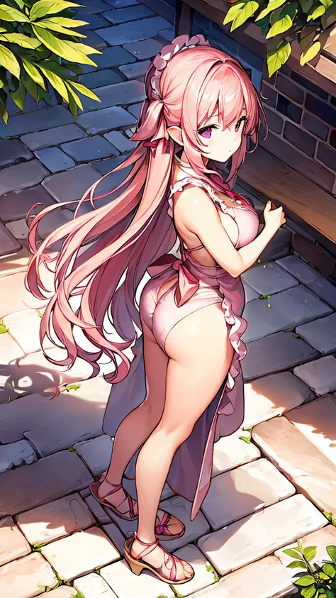 (4K、high resolution、Detailed light、Detailed Shadows、Detailed Design)、1 person、Pink Bronze Hair、Pink maid outfit、Double side slits、Big slit、(White apron)、Bigger breasts、((whole body、Are standing、Side view angle))