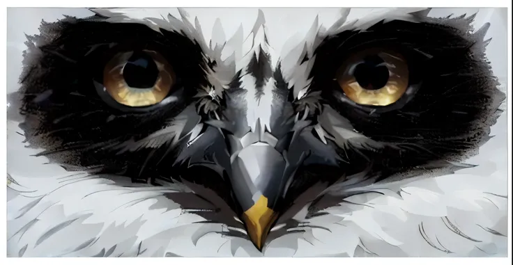 there is a close up of a bird with a very big eye, falcon bird face, very large eyes. symmetry, sparkling bird eyes, intense stare, with symmetrical head and eyes, large dark eyes, intimidating stare, heavy - lidded eyes, symmetric eyes, intelligent eyes. ...