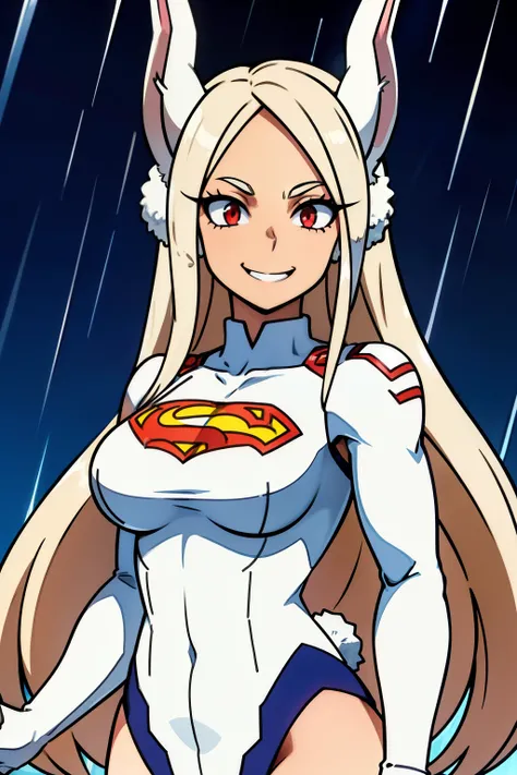 Cute girls,round red eyes, White hair、rabbit ears,sexy、She is grabbing her breasts,smiling,Medium to long straight hairstyle、（big tits,superman dress，She is grabbing her breasts,superman suit,In a rental house，is standing，evening，it was raining outside，Upp...