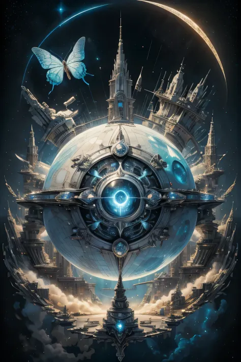 A light sky air two different battle space ship surround by the magician circle with a diamond inside the orb, many shining butterfly, sparkle sky, shining, gust of wind, light bright flowers, sun and moon, dark light of fantastic and cosmological with uni...