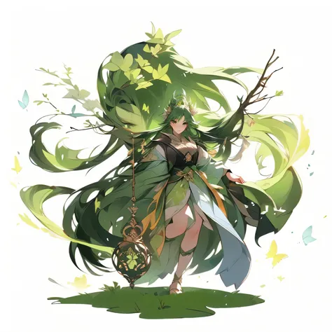 Close up of a woman with green hair and a green dress, Onmyoji Detailed Art, Goddess of Nature, Goddess of the Forest, Portrait of a Forest Wizard, Fay Queen of the Summer Forest, lady Parthena, Female Earth Mage, anime fantasy illustration, Nature Druid, ...