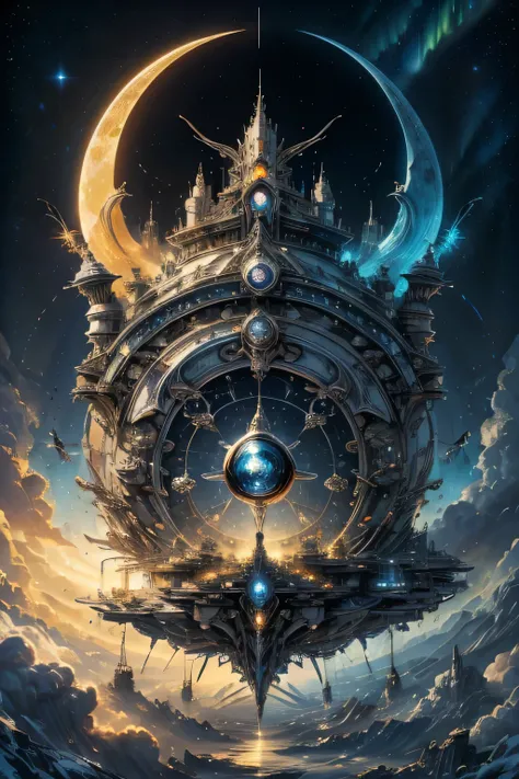 A light sky air two different battle space ship surround by the magician circle with a diamond inside the orb, many shining butterfly, sparkle sky, shining, gust of wind, light bright flowers, sun and moon, dark light of fantastic and cosmological with uni...