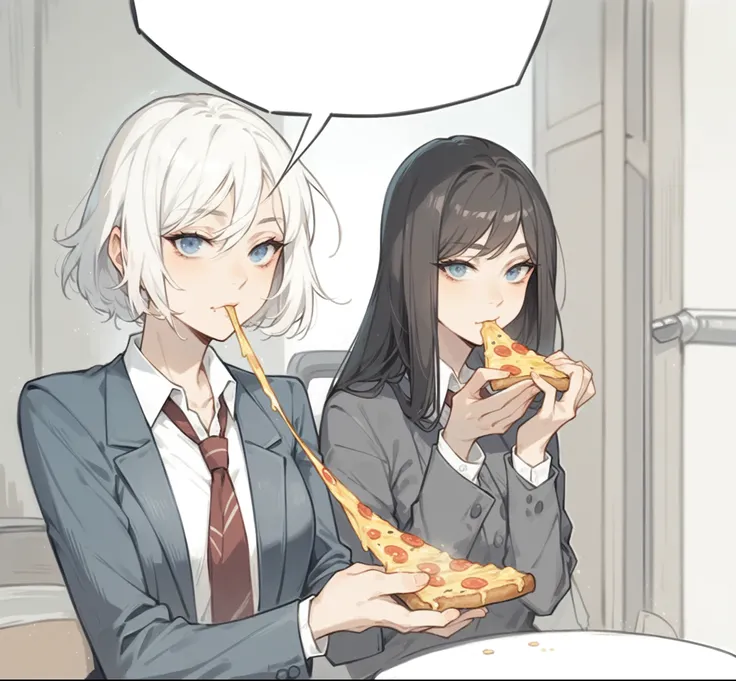 2 Woman, beautiful women eating pizza, ((intrikate)), looking at the viewer, dramatic lighting, detailded, work of art, short white hair, hair long black, female focus, mellow, bonitas, tall and beautiful guy, sexy look, blue colored eyes, holding up a piz...