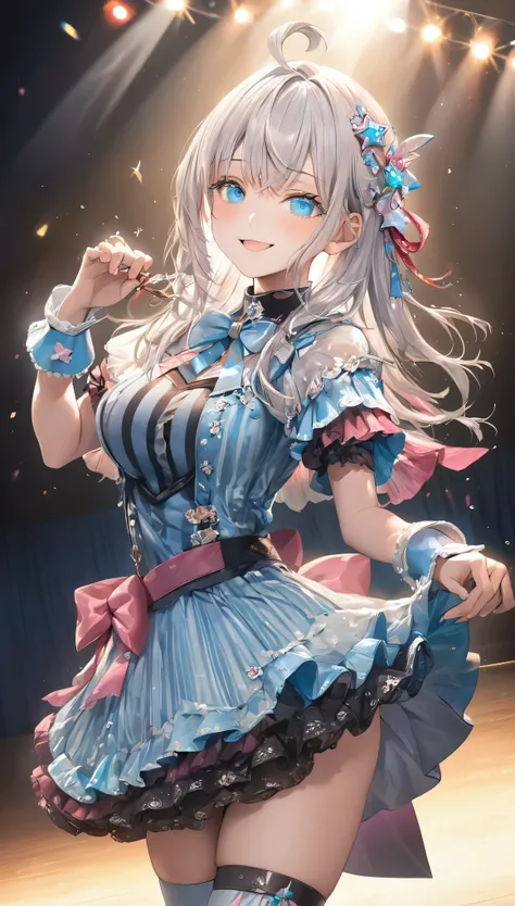1 girl,(Ai Hoshino, Long Hair, Gray Hair, Striped Hair ,blue eyes, Star-shaped pupils, hair ornaments) ,((masterpiece)), (Highest quality), (Beautiful attention to detail), (Very detailed), (Fine details), (High resolution), 8k, Cinema Lighting, colorful, ...