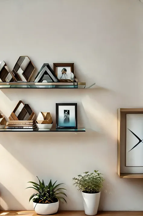 "Generate an image of a minimalist, aesthetic wall decor scene in a cozy living room. The wall features simple, elegant artwork in soft, neutral tones, with a few framed prints and a small shelf displaying potted plants. The lighting is warm and natural, e...