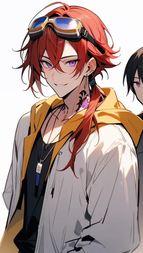 {{masterpiece}}, The best quality of life,((White background)) 、good looking, alone, 1 male, Red Hair、Medium Hair, Low Ponytail、Purple eyes, White hoodie、Yellow hood、Carrying goggles on top of your head、Cowboy Shot、with tattoo on his neck、Earrings、smile、Wa...