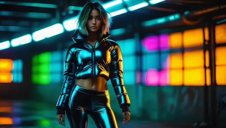 8k, high resolution, masterpiece, ultra-detailed, full body shot, (((cute tanned barely legal girl in sheer rubber blouse and leggings, shiny puffer jacket, wide neckline, deep neckline, random neon color))), (small perky breasts, small hips, detailed face...