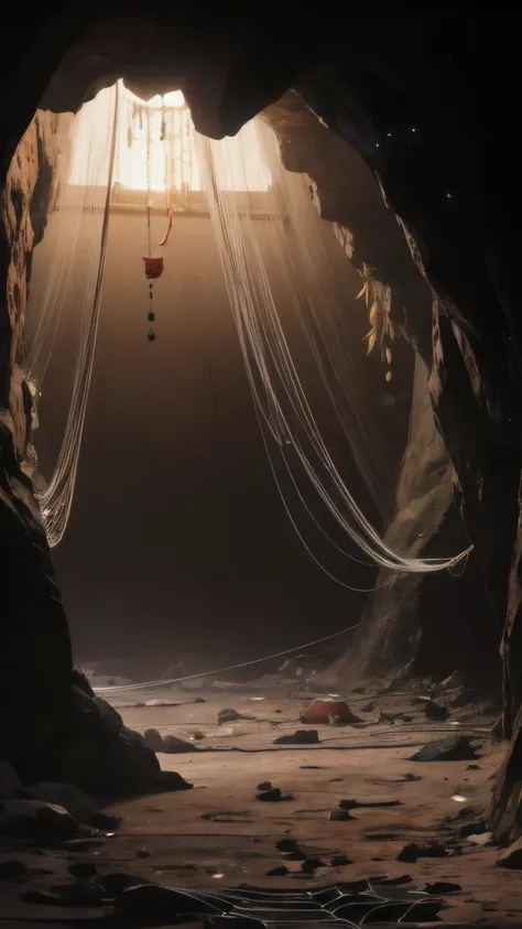 masterpiece, newest, absurdres, safe, classical chinese aesthetics, mysterious atmosphere and supernatural elements. entering the cave, the light dimmed and the walls were covered with silvery shimmering spider silk. in the spacious space, spider silk is w...