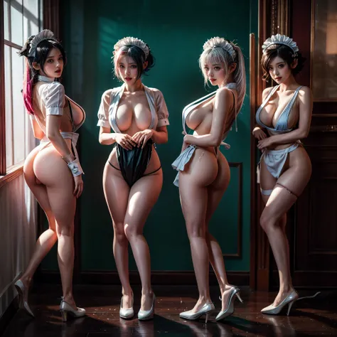 (Full Body of Extremely Detailed((Sexy Maid Group in a row:1.37))), KAWAII perfect face, Reflective Eyes, Detailed(Delicate Clothing textures), Correct Bewitching Leg Line, Dynamic Joyful Expressions LifeLike Rendering, Specular Reflection, TopQuality 8K U...