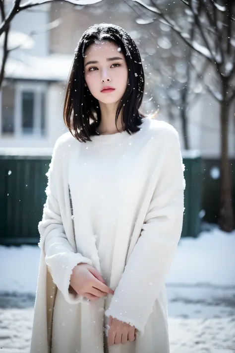 ( best quality, masterpiece, ultra high res, photorealistic:1.4, RAW photo:1.2), beautiful half russia-chinese woman, 2, heart face shape, short hair,(melancholy winter snow:1.4), Warm sun,cape,Where you can see the sea,Snow falling on a sunny day,Are thin...