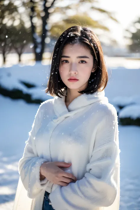 ( best quality, masterpiece, ultra high res, photorealistic:1.4, RAW photo:1.2), beautiful half russia-chinese woman, 23yo, heart face shape, short hair,(melancholy winter snow:1.4), Warm sun,cape,Where you can see the sea,A little snow dancing on a sunny ...