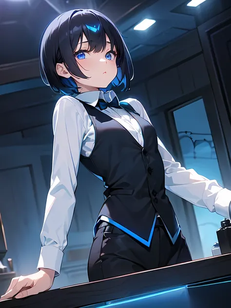 Dark blue short hair、Blue shining eyes、Medium chest、bartender、(A long-sleeved white shirt with a black vest、The Obsidian Bar with Blue Lights:1.3)、Girl、（mini、Young、Girl、low length:1.1）、solo、Anime Style:1.1、