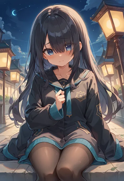 ,((nsfw:2.0)),(all-black overcoat),((a girl with long, dark hair))、(beautiful blue eyes),(hair over one eye)、(cute),(moe sleeves...