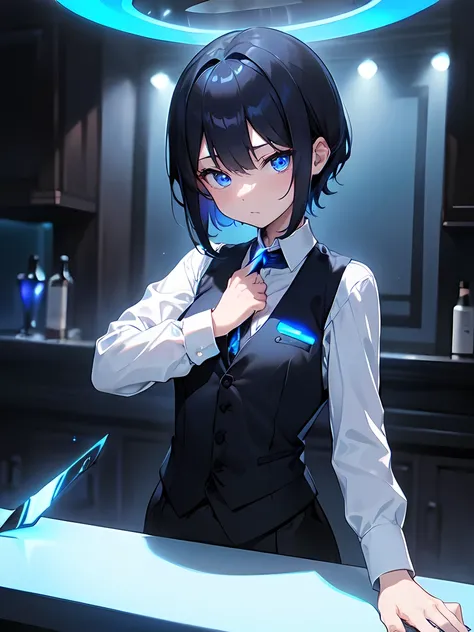 Dark blue short hair、Blue shining eyes、Medium chest、bartender、(A long-sleeved white shirt with a black vest、The Obsidian Bar with Blue Lights:1.3)、Girl、Thin limbs、（mini、Young、Girl、low length:1.1）、solo、Anime Style:1.1、I had a cocktail:1.1、