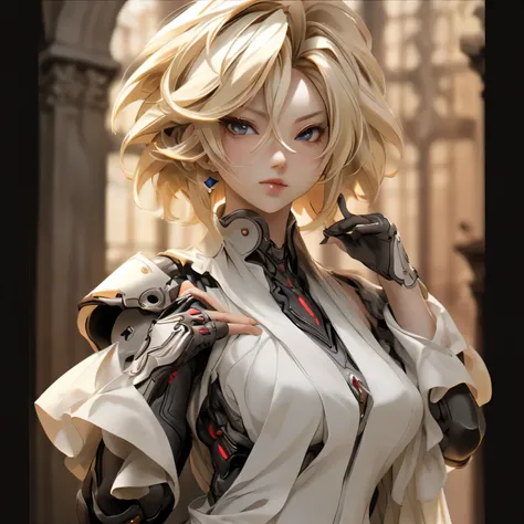 (best quality)), ((Masterpiece)), (details:1.4), 3d, HDR (high dynamic range), an image of a beautiful cyberpunk female, Blonde hair, Short hair, Red eyes, hips up, จมูกโด่ง, ปากแดง, หน้าอกใหญ่, nvidia RTX, PBR surface, After processing, Anisotropic filtra...