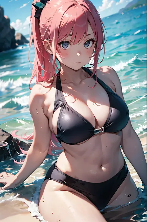 4K,8k,High resolution,Pink Swimsuit、
A pretty young woman,Pink Hair、ponytail、Pink Swimsuit、
(Soft Saturation:1.3), (Fair skin:1.2),
(ultra-Detailed Background, Detailed Background), Bokeh,
break&#39;Smiling portrait.,
When viewed from the front, The compos...