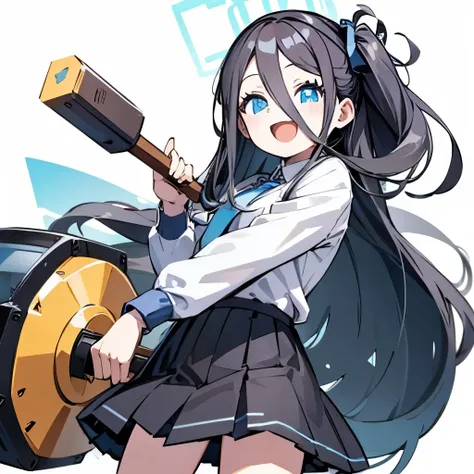 anime style illustration, in daytime office, 1girl, (Tendou Arisu), big smile, open mouth, holding a giant hammer, 