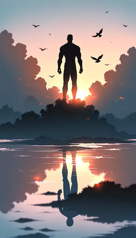 A man in a black bodysuit stands in the smoke, Priapus, Dark Black, Dark black skin, Buzz Cut, His muscles are very developed, Very tall, short hair, Blend into the smoke, Lake, Reflection, Sunset, Sunset, Bird, plum bossom, Man silhouette, Chinese, black ...