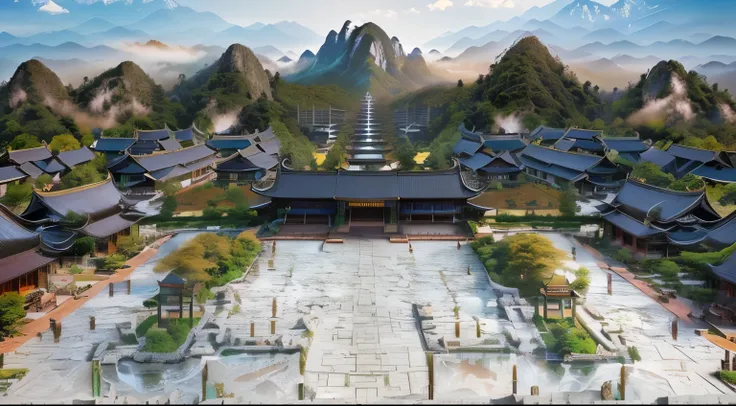 a view of a large building surrounded by mountains and trees, view from above, guangjian, vietnamese temple scene, vietnam, paradise in the background, full - view, view, in a vast serene landscape, stunning scenery, scenic, “ aerial view of a mountain, ph...