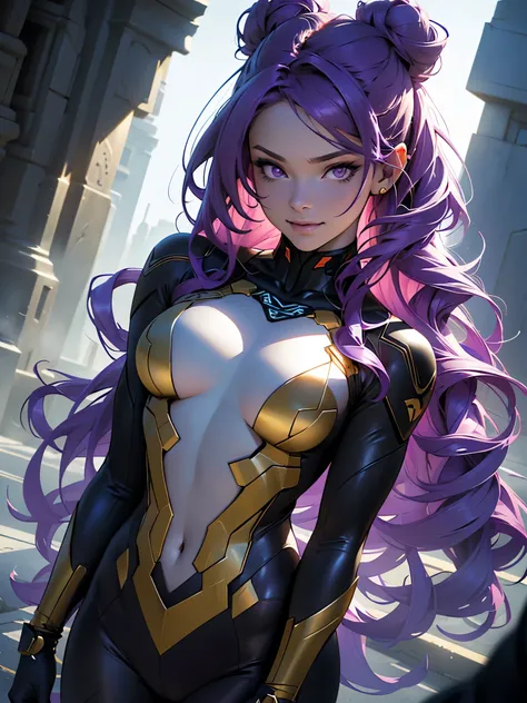 a girl in a hero costume, long flowing purple hair, purple-pink eyes, futuristic tight suit, dark purple and black suit, girl smiling, academy in the background, field for training heroes, other classmates in the background, MHA, beautiful cheerful girl, g...