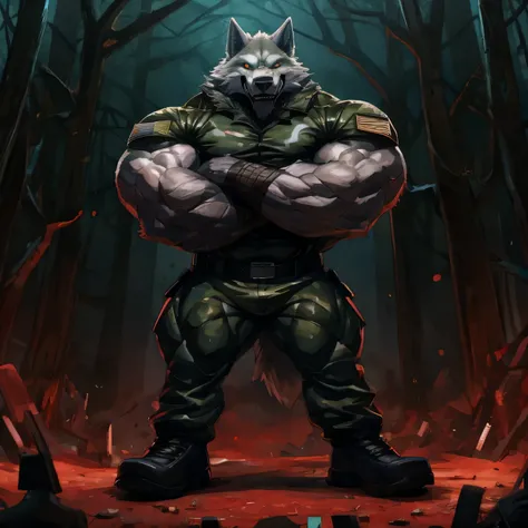 anthropomorphic nightmare wolf, very muscular, creepy, very large, wears a military black camo pant, wears military black shoes,...