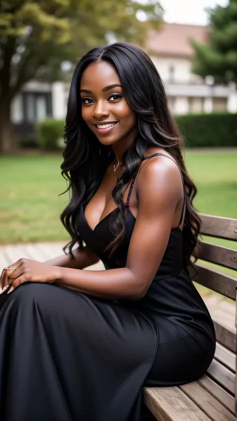 Realistic full body photo of a smiling black woman with long hair, black skin, She dances in front of the camera in a long A-line dress with straps made of shiny burgundy satin., Park,glamour fotoshooting, Wedding celebration, perfect anatomy, perfect brow...