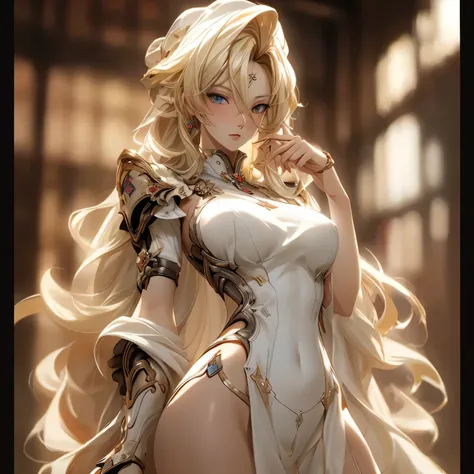 (best quality)), ((Masterpiece)), (details:1.4), 3d, HDR (high dynamic range), an image of a beautiful cyberpunk female, Blonde hair, Long hair, Sleek style, Golden eyes, hips up, จมูกโด่ง, ปากแดง, หน้าอกใหญ่, nvidia RTX, PBR surface, After processing, Ani...