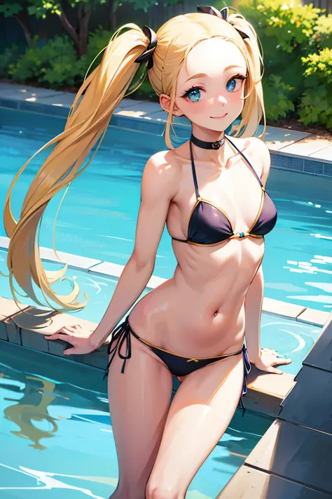 masterpiece, best quality, ultra-detailed,hyperrealistic,shiny skin,1girl,forehead,(plain forehead),blonde hair,long hair,straight hair,twintail,blue eyes,small breasts,,smile,walking,thigh gap,bikini,arms behind back,poolside,






