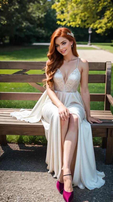 Realistic full body photo of a smiling redhead princess with long hair, She dances in front of the camera in a long A-line princess dress with straps made of shiny satin., Park,glamour fotoshooting, Wedding celebration, perfect anatomy, perfect green eyes....