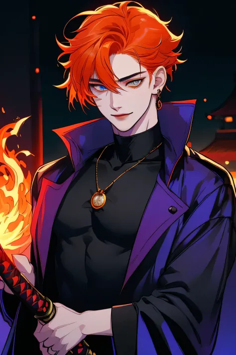 anime man in night city, attractive man with желтые глаза глаза while щурясь, adult man, orange hair, black loose shirt, (((No jewelry on clothes))), beautiful detailed eyes,  (Best quality,4K,8 thousand.,a high resolution,masterpiece:1.2), Ultra detailed,...
