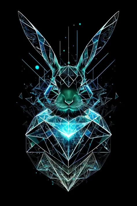 0mib Style，tshirt design,Cyberpunk White Rabbit，Prismatic Shards，Reflecting Fractal Circles，splashing ink，Melted handwriting，Particle vortices，Dramatic lighting，high quality， beautiful，masterpiece