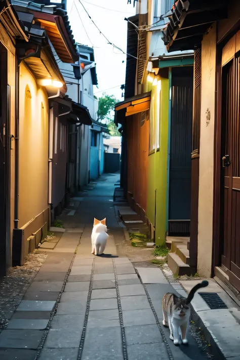 photograph、the cat is walking、outside、