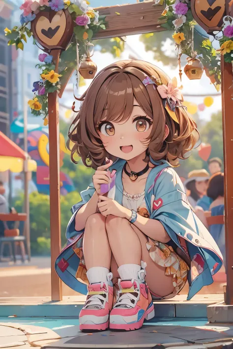 Top quality, highly detailed, UHD, idol, playing at an amusement park, cute and beautiful anthropomorphic koala girl with brown curly bob hair wearing a heart-shaped choker, casual clothes