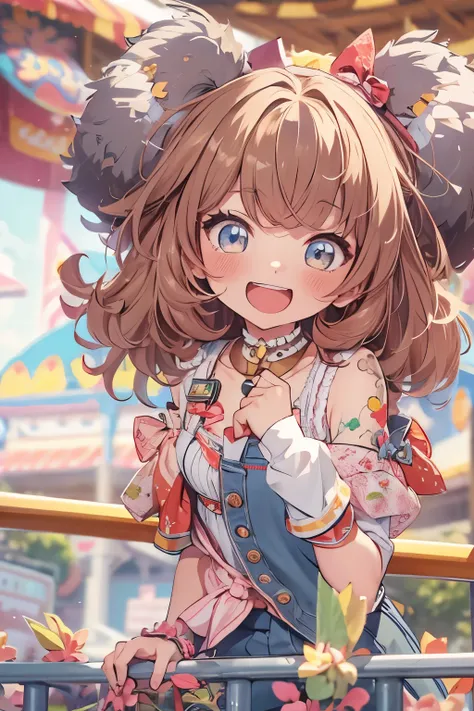 Top quality, highly detailed, UHD, idol, playing at an amusement park, cute and beautiful anthropomorphic koala girl with brown curly bob hair wearing a heart-shaped choker, casual clothes