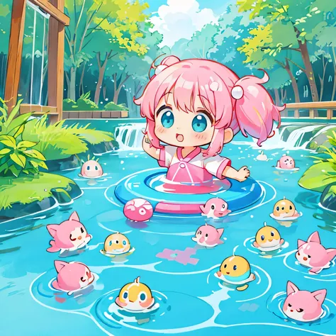 Momoko Sakura colorful style, Kawaii Design, solo, most beautiful girl ever、chibi, (((Water Play))), Cute Aliens