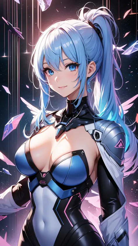 最high quality、Best image quality、masterpiece、and((cute、1、Best Bust、Medium Bust、Beautiful Blue Eyes、Spread your chest wide,Pastel colored hair、ponytail、Disheveled Hair、thin、Highest valley、Cyber Suit、smile、necklace、Show the whole body、Cyber Wings)）high quali...