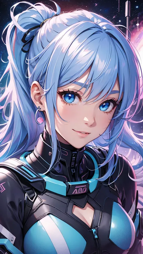 最high quality、Best image quality、masterpiece、and((cute、1、Best Bust、Medium Bust、Beautiful Blue Eyes、Spread your chest wide,Pastel colored hair、ponytail、Disheveled Hair、thin、Highest valley、Cyber Suit、smile、necklace、Show the whole body、Cyber Wings、Random Paus...