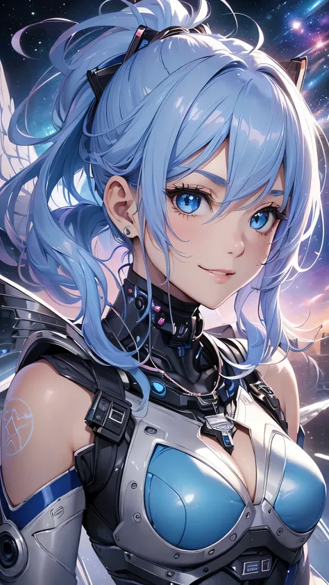 最high quality、Best image quality、masterpiece、and((cute、1、Best Bust、Medium Bust、Beautiful Blue Eyes、Spread your chest wide,Pastel colored hair、ponytail、Disheveled Hair、thin、Highest valley、Cyber Suit、smile、necklace、Show the whole body、Cyber Wings、Random Paus...