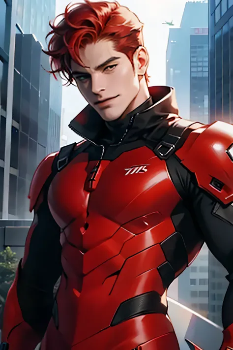 Man with short hair, Red hair, looks at the camera, Smirk, futuristic suit, 