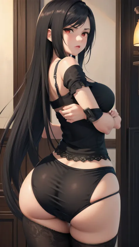 Detailed face, Detailed ass, masterpiece, Highest quality, Very detailed, figure,(One girl), Tifa Lockhart, View your viewers, close, (breast focus), (Arms crossed:1.2), (From behind:1.1), Black Hair, Medium sized butt, (Show your ass:1.3), (Off the should...