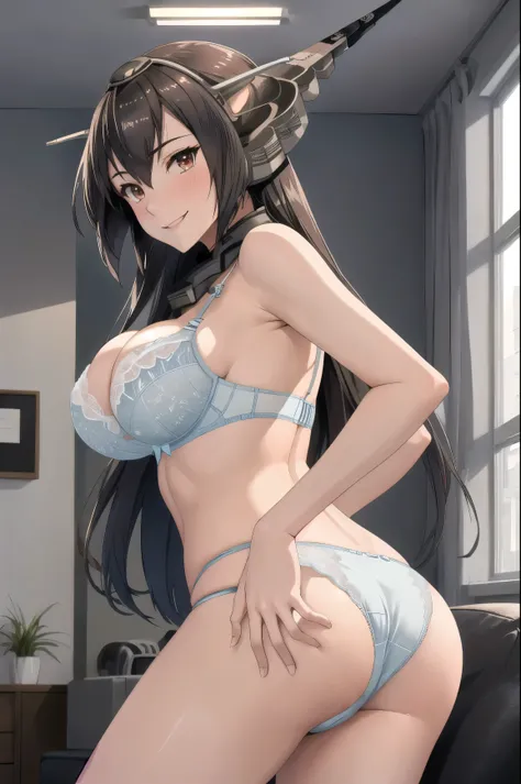 Highest quality, masterpiece, High resolution, (Bright interior, office, living room),  alone, ((Naked food_Kantai Collection:1.15)), 長いhair, (黒hair, 長いhair, 長hair), 赤いeye, chest, hair_between_eye, headgear, 大きいchest, Big Breasts, (Light blue panties), (Li...