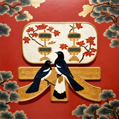 Two magpies on a red background，There is a cut panel in the background, Japanese Art Museum, Dark white and light brown, Elegant and balanced, Standard collection, song huizong, Song Dynasty, Mosaic, Flat composition