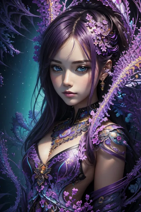 (masterpiece, top quality, best quality, official art, beautiful and aesthetic:1.2), (1girl),upper body, extreme detailed,(fractal art:1.4),purple, lilac, turquoise, black and gold, colorful,highest detailed