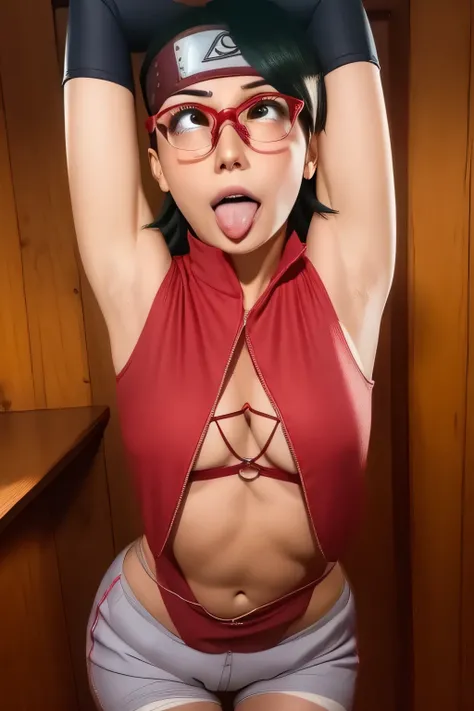 1 girl, standing, beautiful Sarada Uchiha, 1, Cups, Black thighs, arm warmers, forehead protector, shorts, short hair, big chest, wearing glasses, small hips, big ass, medium breasts,capture anime screen, Sarada is 1, mature appearance,armpits,sweat,sweaty...