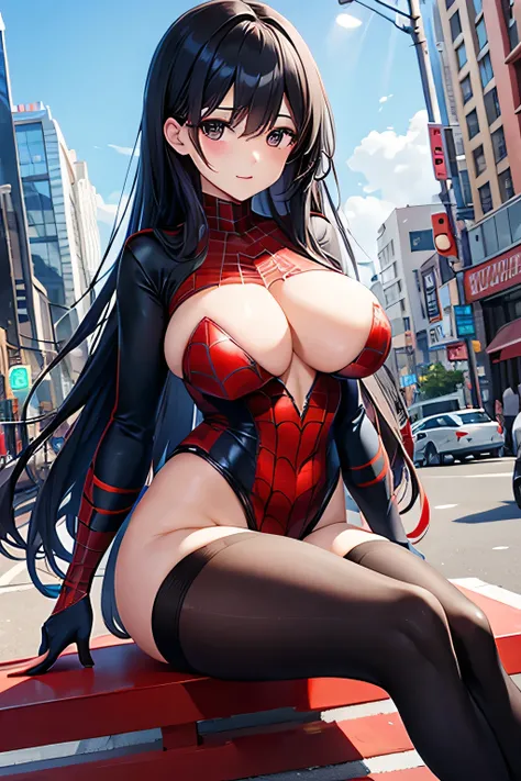 Adult women、Black Hair、Black eyes、Long Hair、Big Breasts、Red and blue Spiderman tights、Leg spread、In town