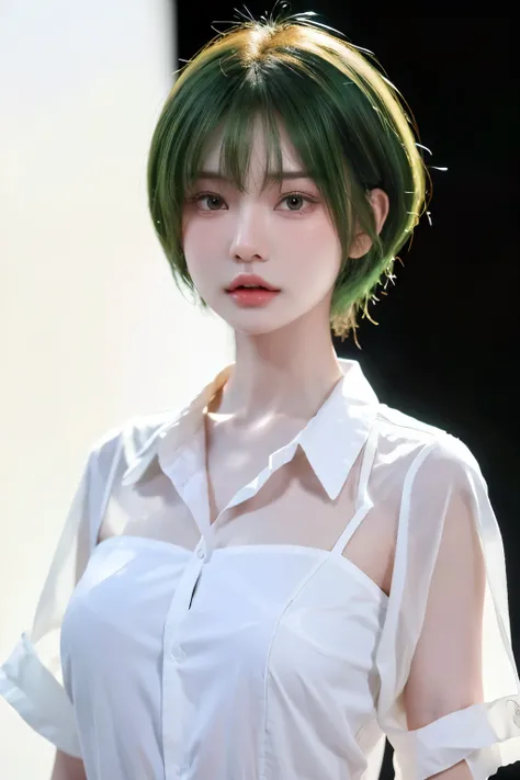 HDR, UHD,8K, face High Quality, nokiapretty, white Thin shirt , (((black background 8k))),  short hair, greenhair ,sex